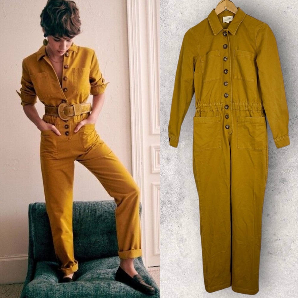 Sezane Michel Jumpsuit‎ Ochre Yellow Size 36 French US 4 Utility Boiler Organic